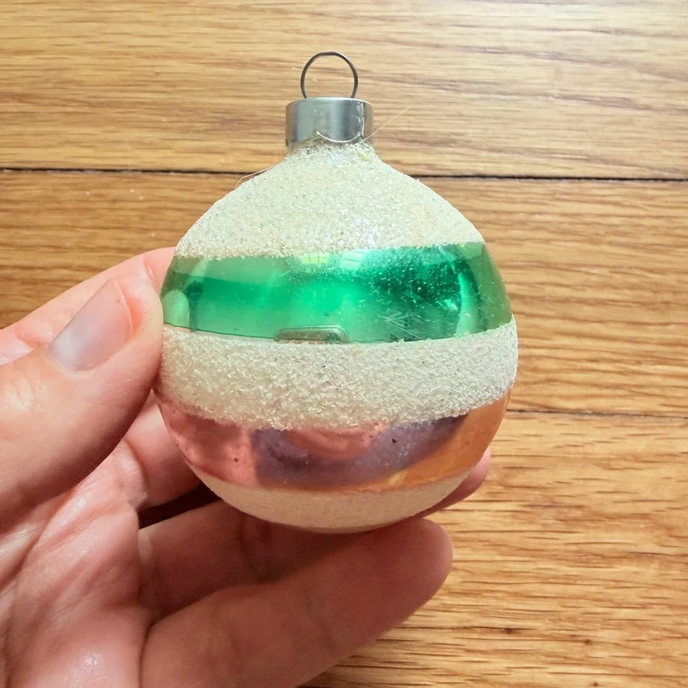 George Franke Pair Christmas Ornaments Pink Green Striped Mica USA MCM 1950's